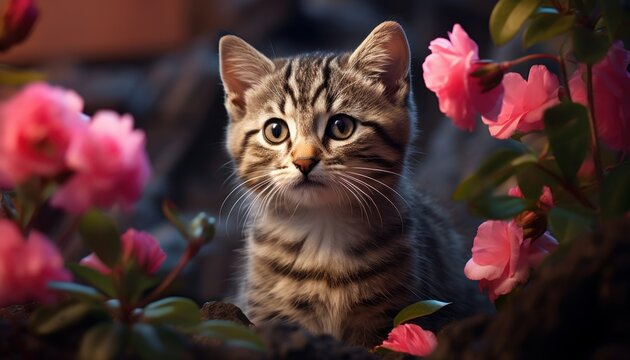 a cute cat with pink flowers