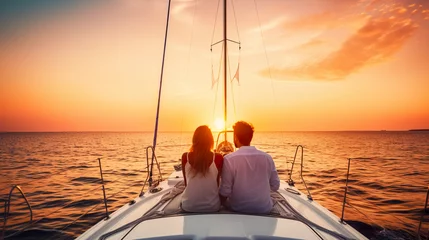Foto auf Acrylglas Young Couple Embracing a Relaxing Yacht Cruise - Basking in the Bliss of a Summertime Vacation on the Open Sea - Luxurious Travel and Memorable Holidays © Vlad