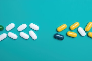 Medicine pills or capsules on green background