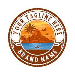 sunset logo design. mountains, palm tree and beach.