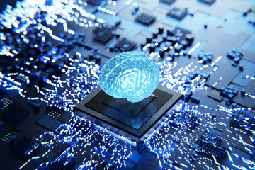 Training a neural network. Artificial intelligence concept. Artificial intelligence training. Neurochip. Neuro interface. Artificial brain. Artificial intelligence microprocessor. 3D render.