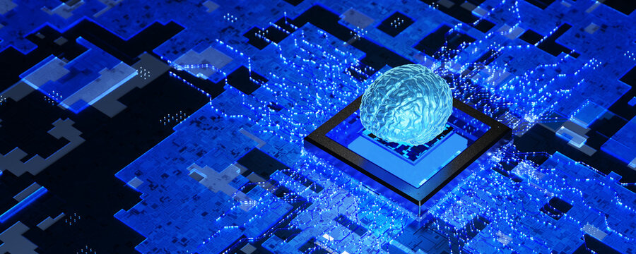 Training an artificial neural network. Artificial intelligence concept. Artificial intelligence training. Neuro interface. Artificial brain. Microprocessor with artificial intelligence. 3D render.
