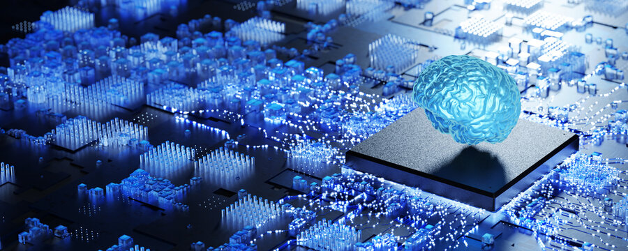 Microprocessor with artificial intelligence. Training an artificial neural network. Artificial intelligence concept. Artificial intelligence training.  Neuro interface. Artificial brain. 3D render.