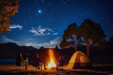 A tranquil night under the stars as a family enjoys stargazing at their campsite