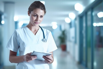 Portrait of a female nurse standing with a digital tablet in a hospital corridor