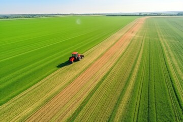 Tractor cultivates field, top view