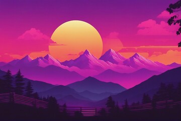 80s vaporwave sunset with mountains
