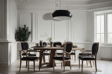 Black chairs and wooden dining table against of classic white paneling wall Interior design
