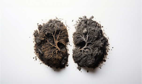 Brown rotten plants, unhealthy lungs,shaped like human lungs conceptual image. lungs shape island isolated on white background- Earth day, world health or Environment day concept.