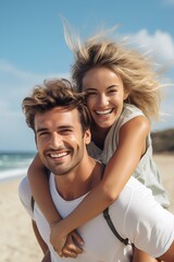 Couple enjoys a piggyback ride at the beach in summer. generative AI