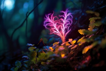 Fototapeta na wymiar Glowing bioluminescent plant shaped like a human heart, in a mysterious forest.