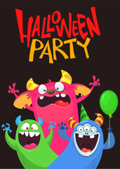 Сartoon monsters set. Halloween party invitation or poster design with different creatures celebrating. Vector illustration. Great for children holiday.