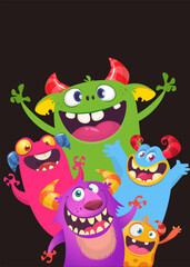 Сartoon monsters set. Halloween party invitation or poster design with different creatures celebrating. Vector illustration. Great for children holiday.