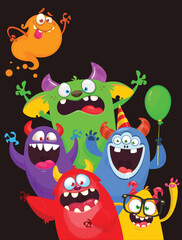 Сartoon monsters set. Halloween party invitation or poster design with different creatures celebrating. Vector illustration. Great for children holiday.