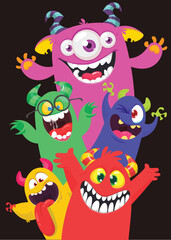 Сartoon monsters set. Halloween party invitation or poster design with different creatures celebrating. Vector illustration. Great for children holiday.