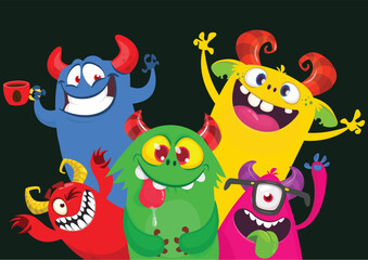 Сartoon monsters set. Halloween party invitation or poster design with different creatures celebrating. Vector illustration. Great for children holiday.