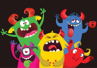 Сartoon monsters set. Halloween party invitation or poster design with different creatures celebrating. Vector illustration. Great for children holiday.