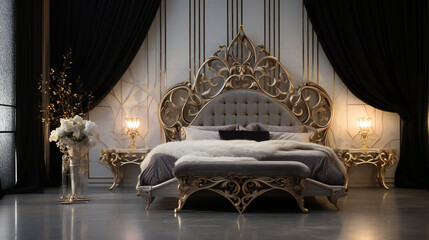 fancy ornamented bed with decorative headboard in a luxurious bedroom
