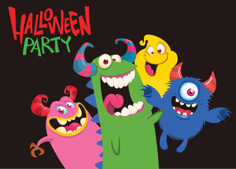 Сartoon monsters set. Halloween party invitation or poster design with different creatures celebrating. Vector illustration. Great for children holiday.