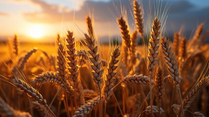 Fototapeta premium Close-up view of golden wheat ears in field, ready for harvest. Rural landscape at sunset.