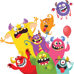 Fototapeta premium Сartoon monsters set. Halloween party invitation or poster design with different creatures celebrating. Vector illustration. Great for children holiday.