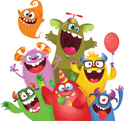 Сartoon monsters set. Halloween party invitation or poster design with different creatures celebrating. Vector illustration. Great for children holiday.