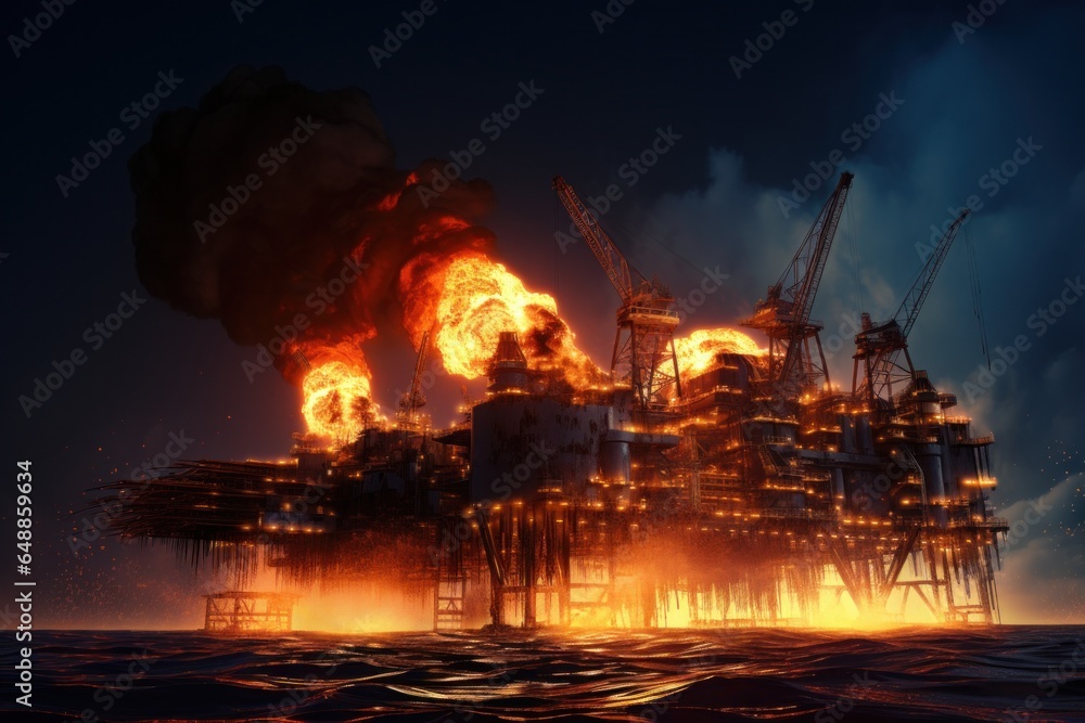 Poster an image showcasing a massive oil rig situated in the middle of the ocean. this picture can be used 