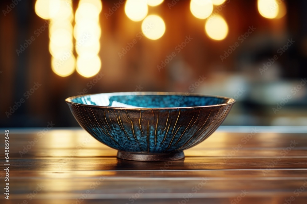 Poster a blue bowl is placed on top of a wooden table. this versatile image can be used in various contexts
