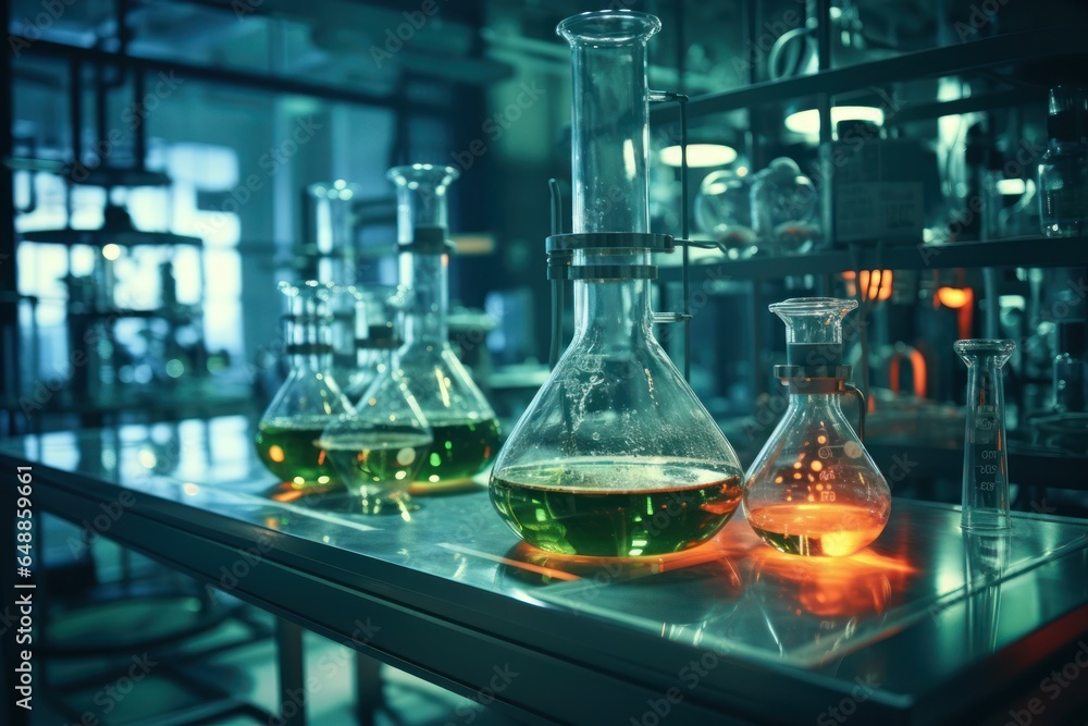 Poster a row of glass flasks filled with various liquids. perfect for scientific or laboratory-themed proje
