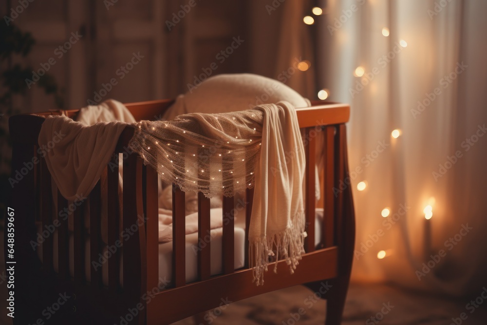 Poster A simple and cozy crib with a soft blanket placed on it. This image can be used to showcase a comfortable and safe sleeping environment for babies. Perfect for parenting blogs, nursery decor websites,