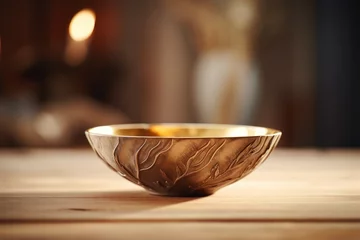 Foto op Plexiglas A bowl sitting on top of a wooden table. Perfect for food and dining themes. © Fotograf
