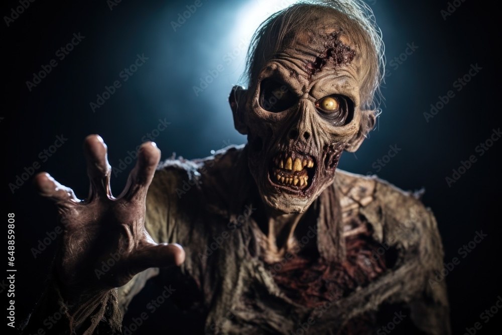 Poster A close-up photograph of a person with a creepy face. This image can be used to create a haunting atmosphere or to depict horror and fear.