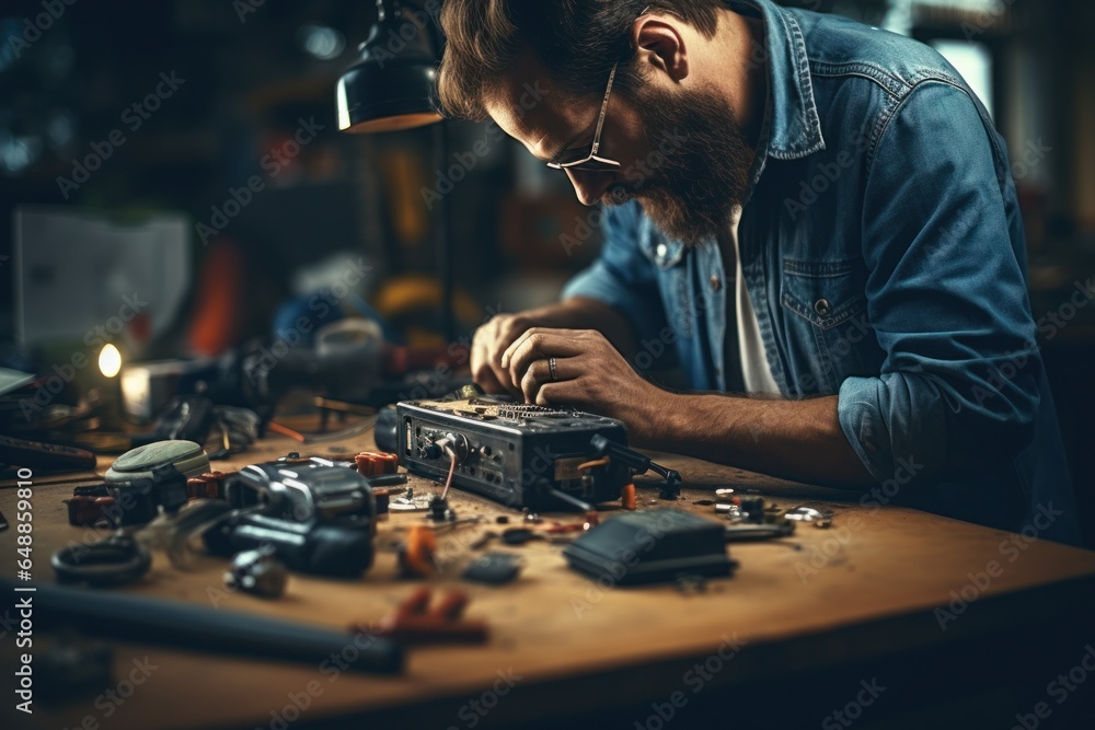 Aufkleber A man is seen working on electronics in a workshop. This image can be used to depict a professional working on circuit boards, repairing electronic devices, or conducting experiments in a lab.