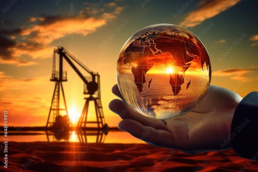 Poster a person holds a crystal ball with a stunning sunset in the background. this image can be used to de