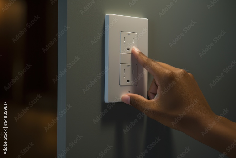 Aufkleber a person's hand pressing a button on a light switch. this image can be used to depict turning on or 