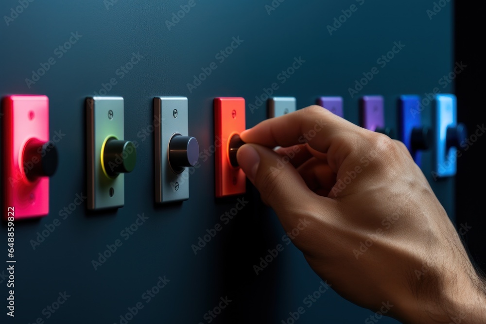 Poster A person is seen pressing a button on a wall. This image can be used to depict technology, control, or decision-making processes.