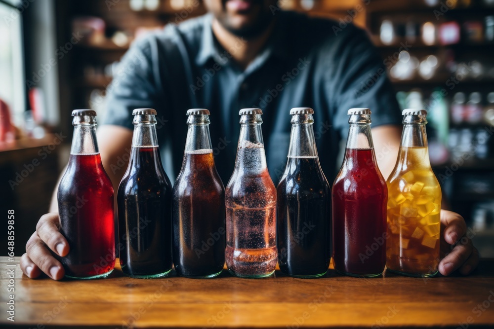 Poster a man is sitting at a table with six bottles of soda. this image can be used to depict a variety of 