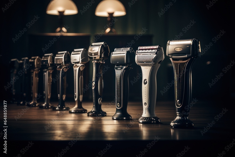 Poster a row of shavers neatly arranged on top of a wooden table. perfect for grooming and personal care pr