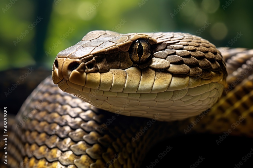 Poster a detailed close-up of a snake's head with a blurred background. this image can be used to depict re