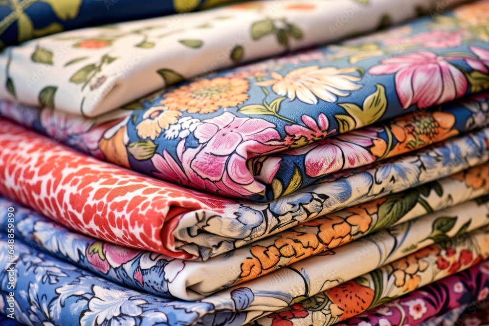 Poster A stack of vibrant and colorful floral fabric arranged neatly on top of each other. This versatile image can be used for various design projects and creative concepts.