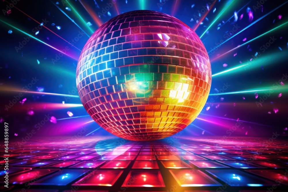 Aufkleber A vibrant disco ball with colorful lights in the background. Perfect for adding a lively and energetic atmosphere to any event or party.