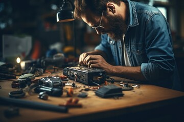 A man is seen working on electronics in a workshop. This image can be used to depict a professional working on circuit boards, repairing electronic devices, or conducting experiments in a lab.