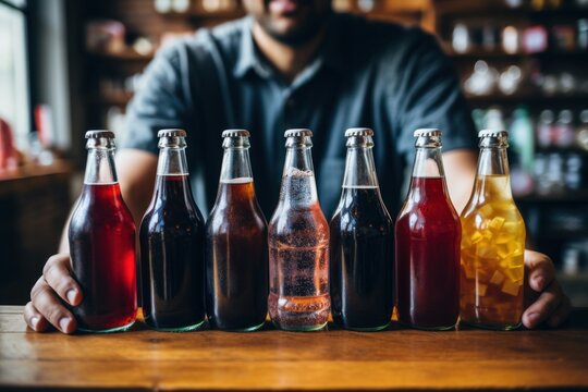 A man is sitting at a table with six bottles of soda. This image can be used to depict a variety of concepts related to beverages, refreshments, social gatherings, or choices.
