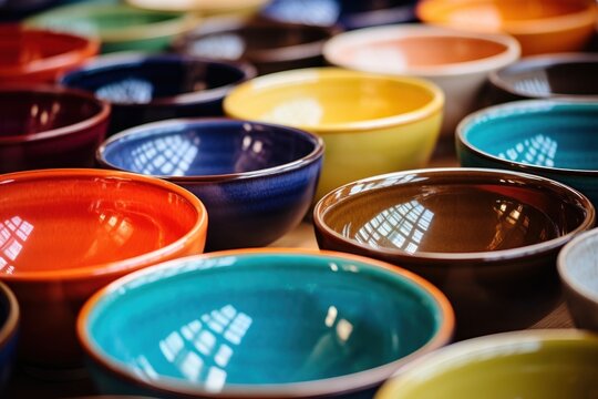 A close-up view of a collection of various colored bowls. This image can be used to showcase kitchenware, home decor, or for any project requiring vibrant and diverse bowls.