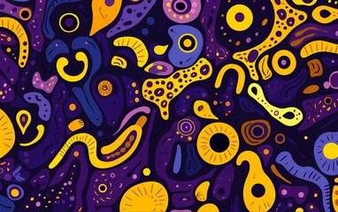 Colorful abstract art and patterns, in a unique doodle style, drak purple and yellow