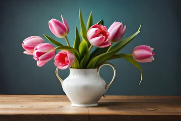 a bunch of tulips on a wooden table © Muhammad