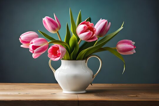 a bunch of tulips on a wooden table