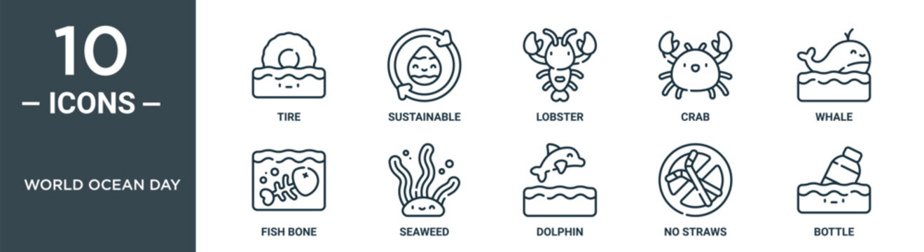 World Ocean Day Outline Icon Set Includes Thin Line Tire, Sustainable, Lobster, Crab, Whale, Fish Bone, Seaweed Icons For Report, Presentation, Diagram, Web Design