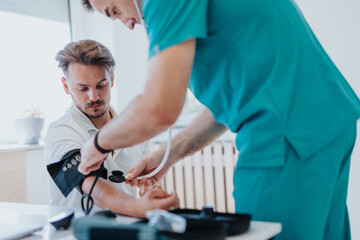Experienced Male Doctor Checking Pulse and Measuring Blood Pressure of Young Male Patient in...