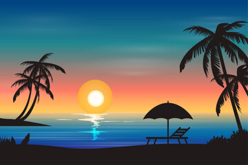 Gradient summer background with beach sunset and palm trees
